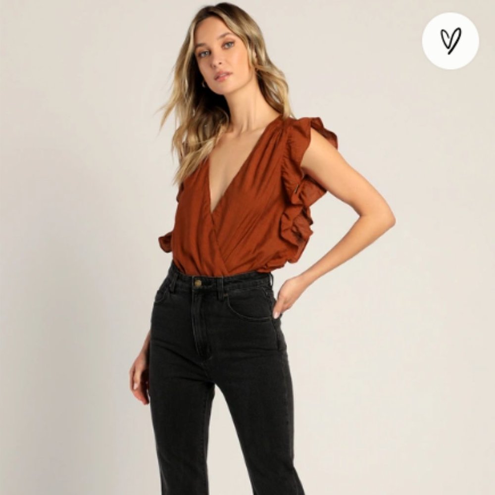 Smile Awhile Rust Red Ruffled Surplice Bodysuit - Picture 4 of 9